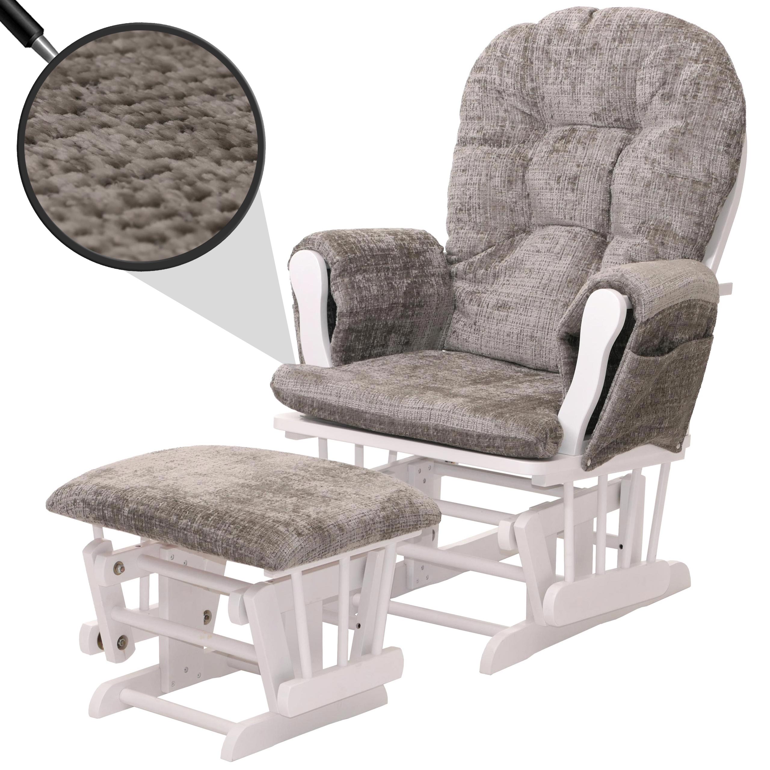 Relaxsessel HWC-C76, Schaukelstuhl Schwingstuhl mit Hocker Stoff Chenille (465g/m²) ~ hellgrau, Gestell weiß