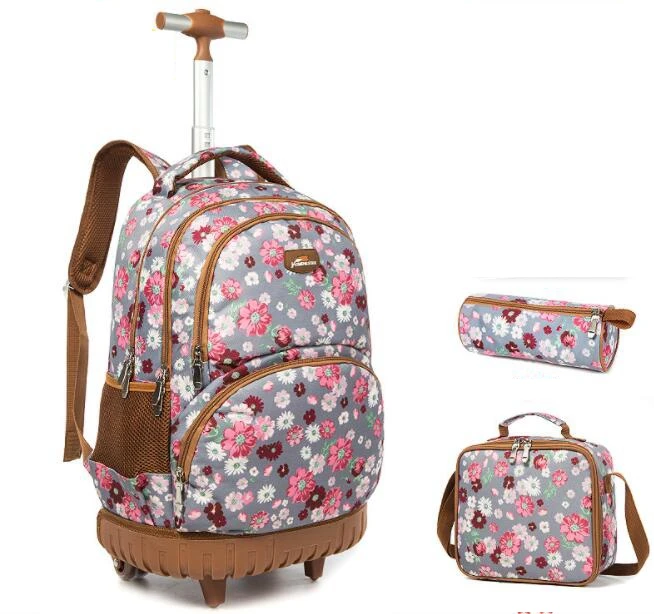 Filles école sac à dos roulant sac enfants école à roulettes sac à dos école chariot sac à dos école chariot sacs ensemble sac à déjeuner