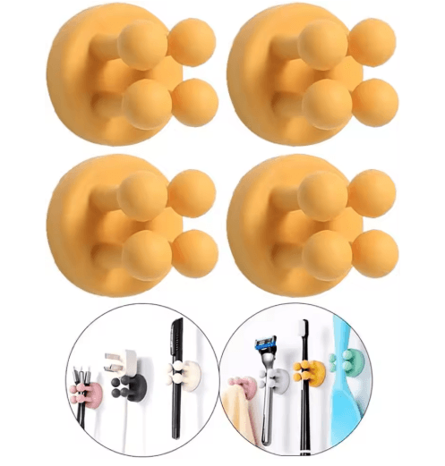Silicone Self Adhesive Toothbrush Holder Waterproof Multi Function Wall Hook For Bathroom Organization yellow 4pcs