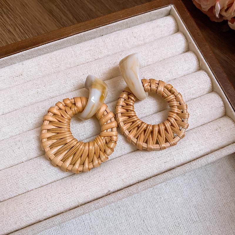 Vintage Rattan Earrings Boho Woven Hoop Statement Earrings For Women white