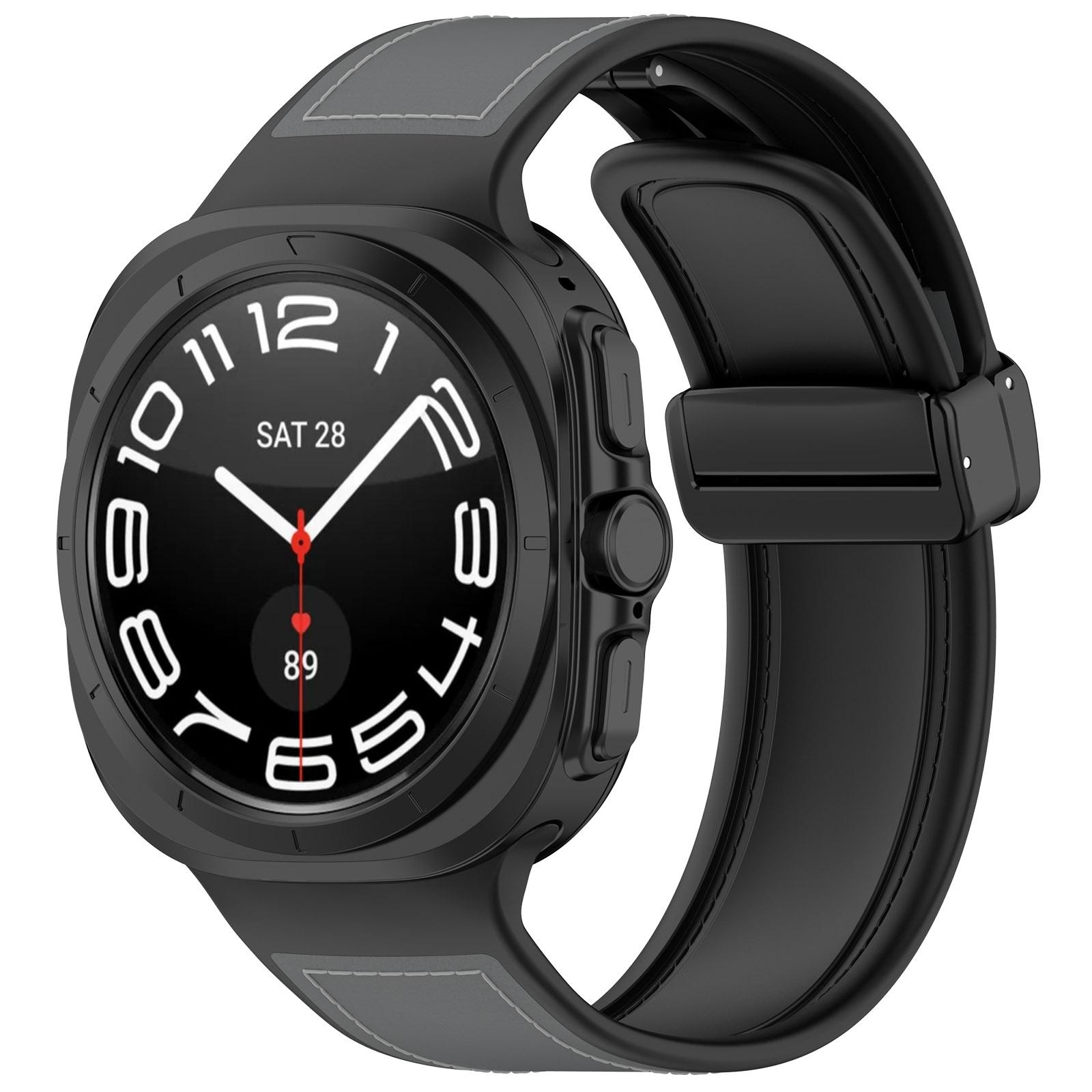 Samsung Galaxy Watch Ultra 47mm Magnetic Leather Watch Band Silicone Hybrid Folding Buckle Strap gray