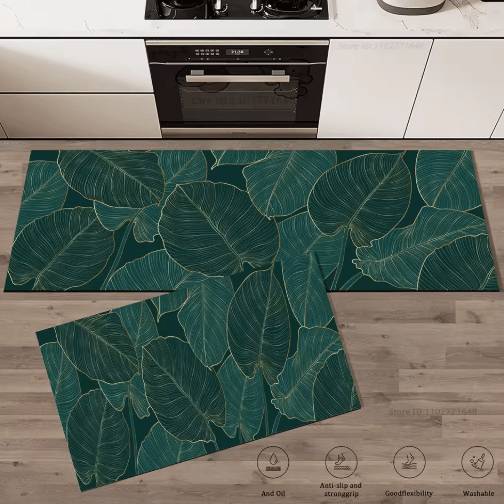 Green Leaves Absorbent Kitchen Floor Mat Non Slip Washable Rug For Kitchen, Bathroom & Entryway 2 40cmx120cm 1pc