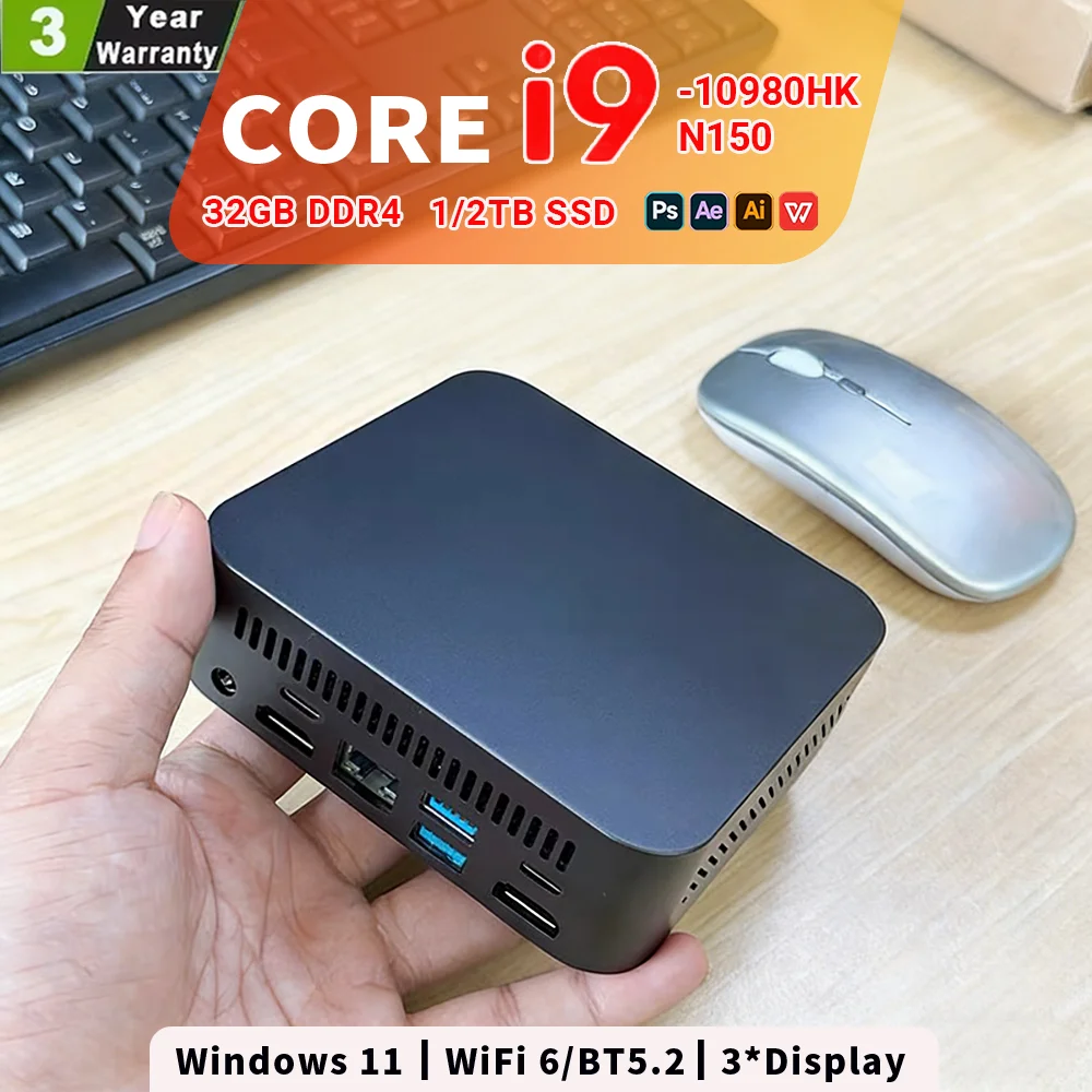 NEUER Core I9-10980HK/N150 Tragbarer Mini-PC Computer Windows 11 32GB DDR4 1/2TB SSD Gaming-Computer WiFi 6 Büro-Mini-Desktop