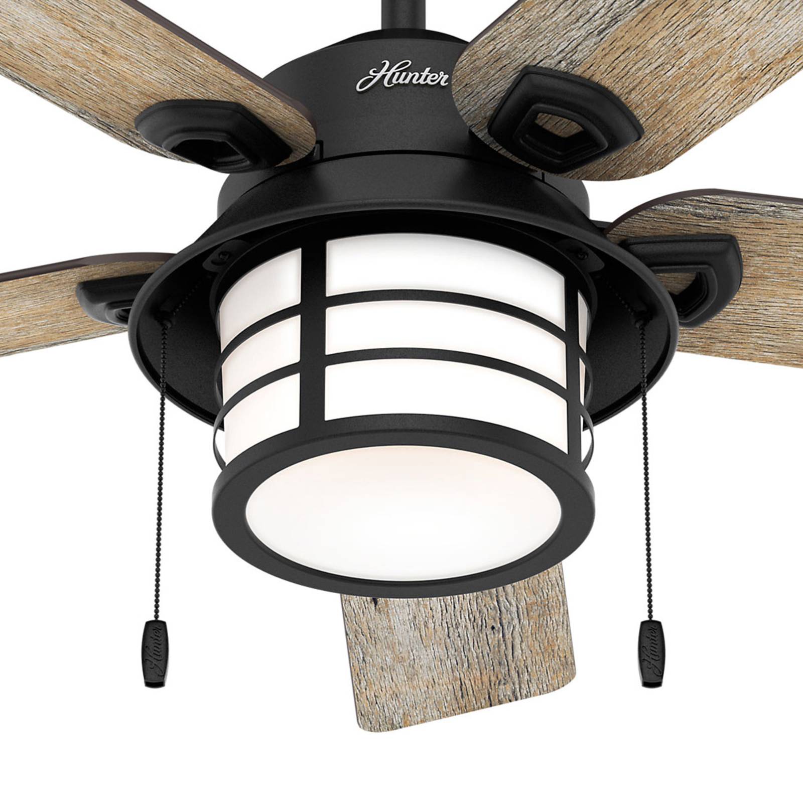 Hunter Santorini -ventilatore con luce, legno/nero, Legno chiaro, Soggiorno / Sala da pranzo, Legno, Industriale