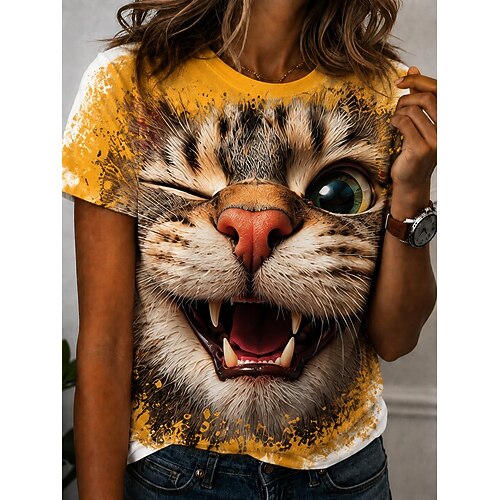 Damen T Shirt Druck Grafik Tiermotiv Katze Vintage Stilvoll Klassisch Kurzarm Rundhalsausschnitt Rundhals Normale Oberteile Lässig Täglich Gelb Rosa Rote Grau Sommer Frühling Herbst Winter