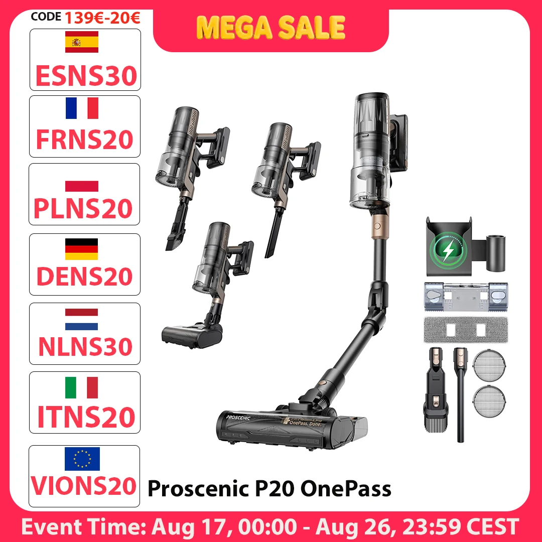 Proscenic P20 OnePass Kabelloser Staubsauger, 70000Pa Saugkraft, 70 Min. Laufzeit, 680W bürstenloser Motor, Nass- und Trockenreinigung, 3 Stück verkauft