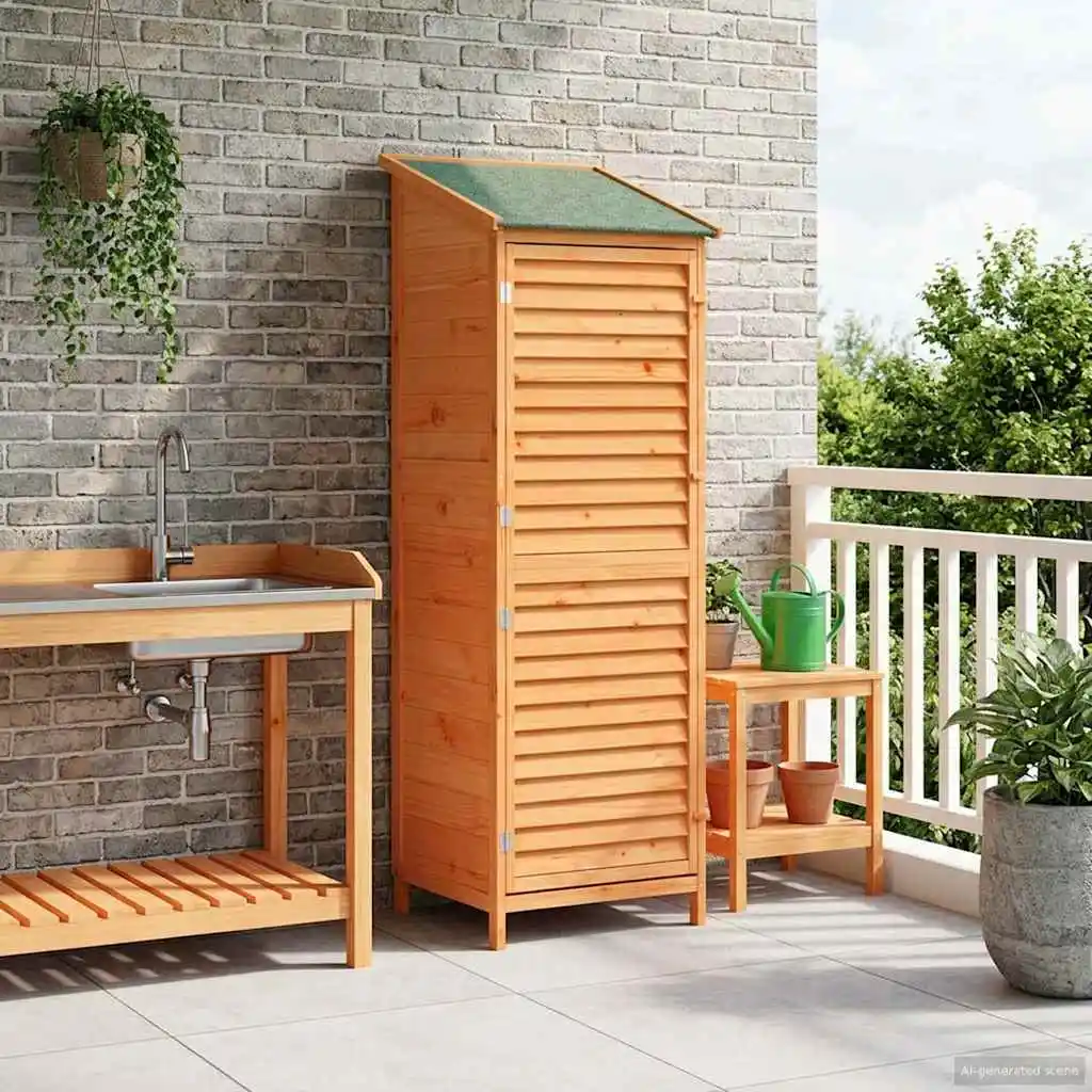 Abri de jardin brun 59 x 56 x 176 cm en bois de sapin massif, armoire de rangement de jardin en bois, armoire à outils d'extérieur, armoire de jardin, rangement de patio avec toit imperméable