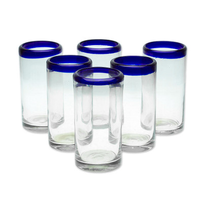 Refreshing Jalisco,'Set of 6 Handblown Blue Rim Tumbler Glasses from Mexico'