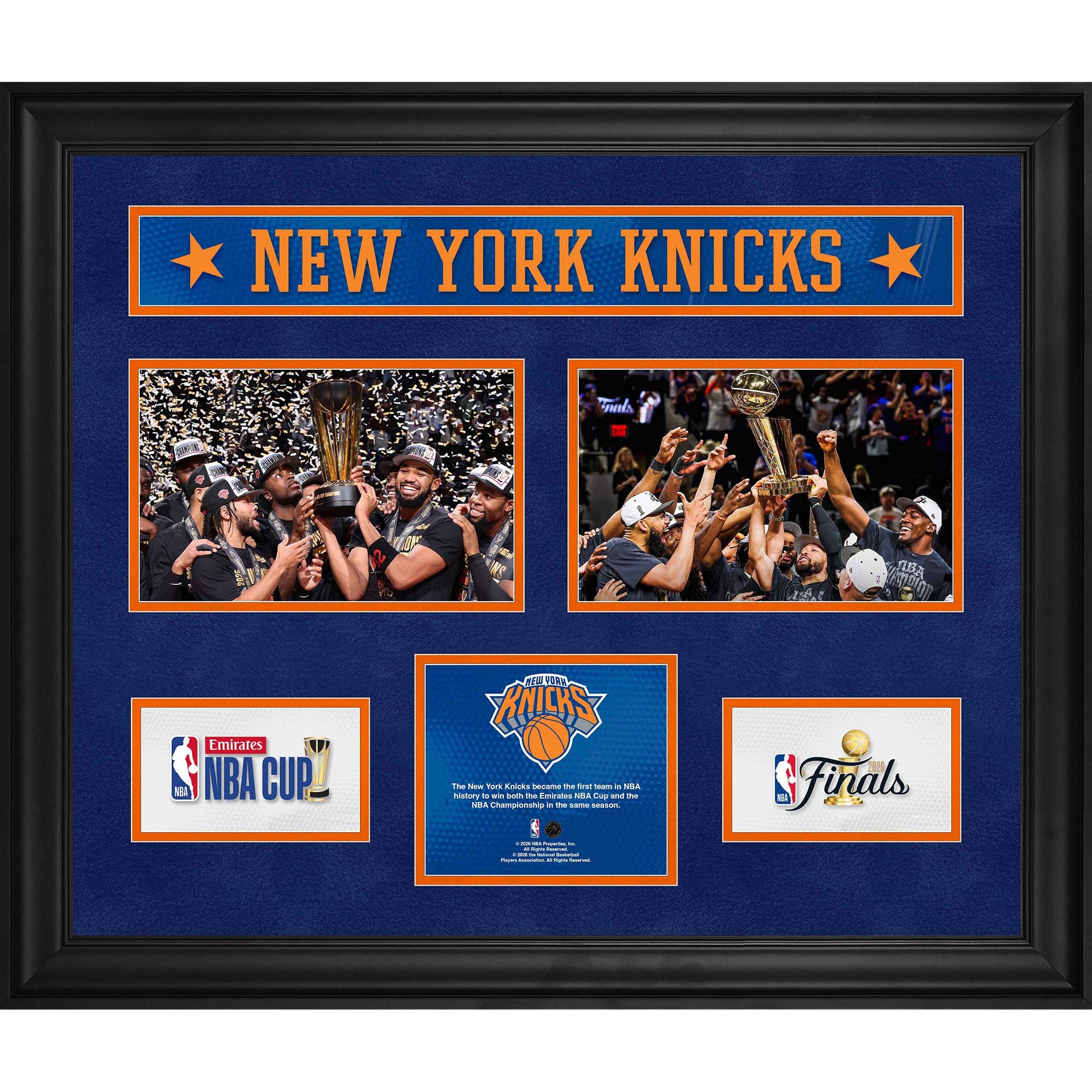 Gerahmte Collage der New York Knicks (20" x 24"): NBA-Pokalsieger 2025 & NBA-Finalsieger 2026