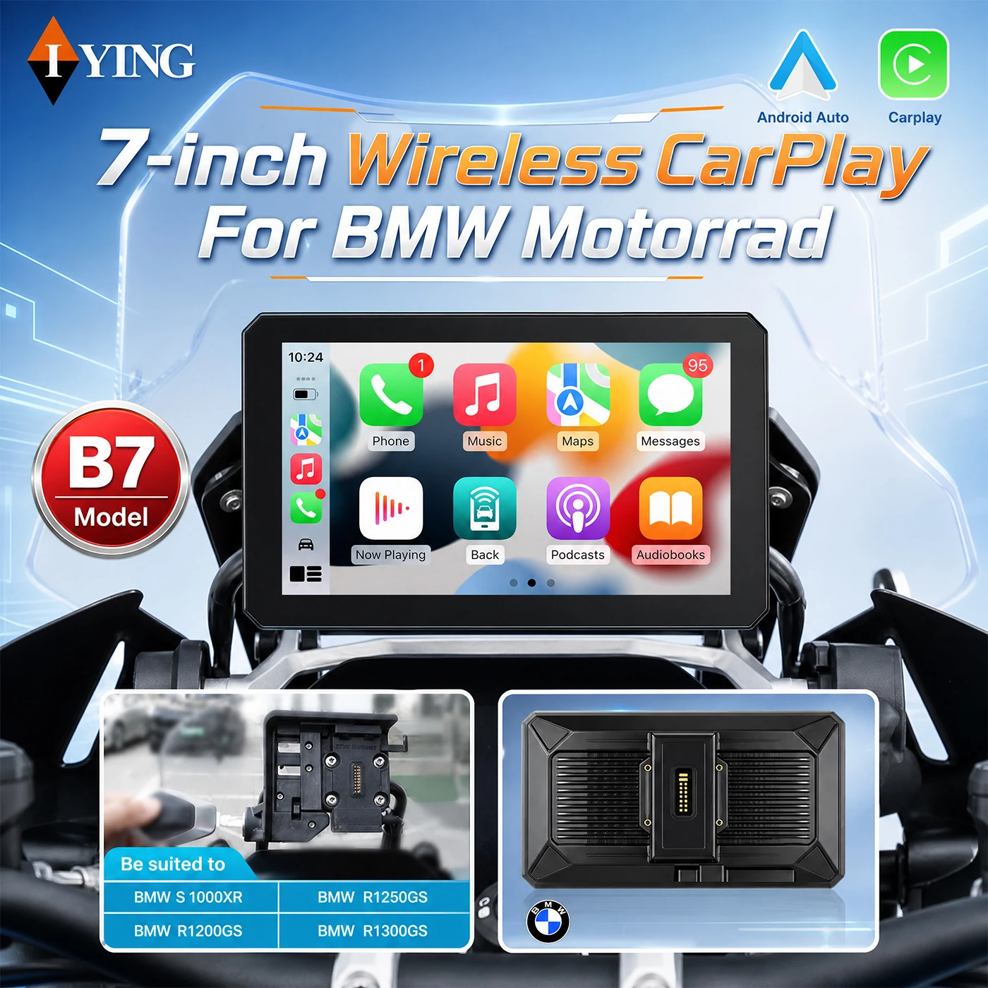 7 Zoll Motorrad Navi Wireless CarPlay Kabelloses Android Auto, Wasserdicht IP67 Tragbarer Motorrad Bildschirm, Bluetooth GPS Navigation IPS Touchscreen für Motorrad
