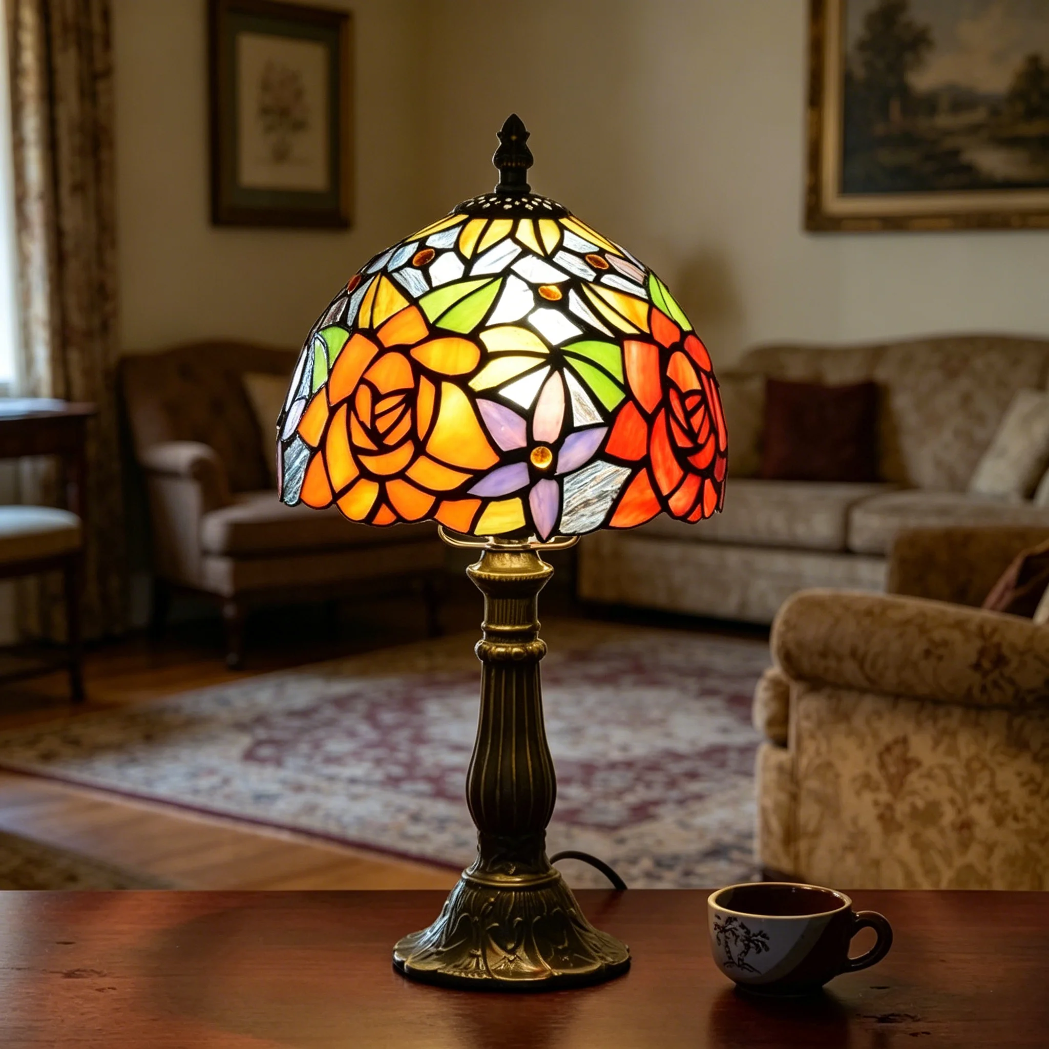 Tiffany-Stil Tischlampe Rote Rose Buntglas-Leselampe für Zuhause Wohnzimmer Schlafzimmer Büro Europäischer Stil Retro-Lampen