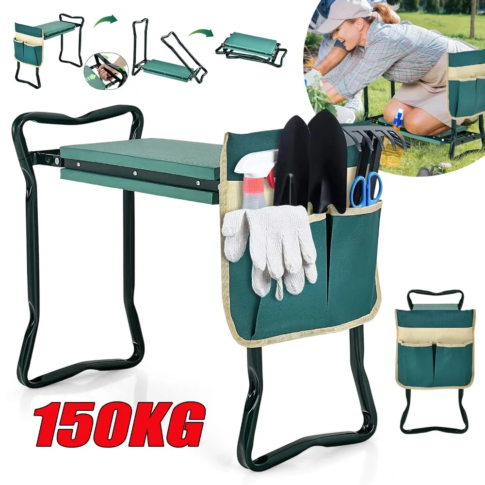 Tabouret de jardin pliable, chaise pliante pour travaux de jardinage, banc de jardin 2 en 1 avec coussin de genouillère, capacité de charge de 150 kg