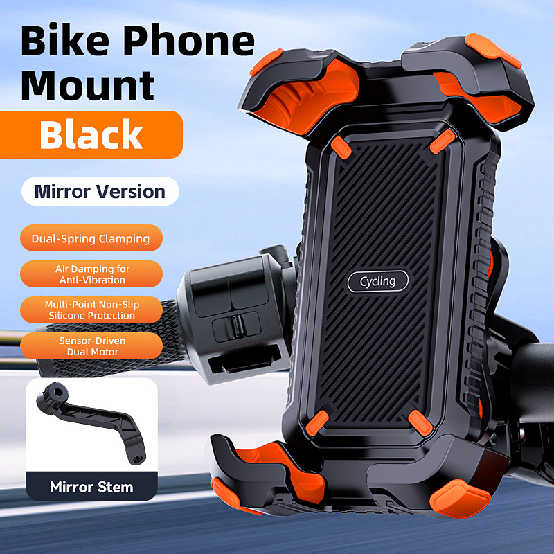 Motorcycle Phone Mount with Vibration Dampener, 4-Axis Damping Anti-Shake Bike Phone Holder, One-Click Lock, 360° Rotation Universal Bicycle Cell Phone Mount for Handlebar Rearview Mirror