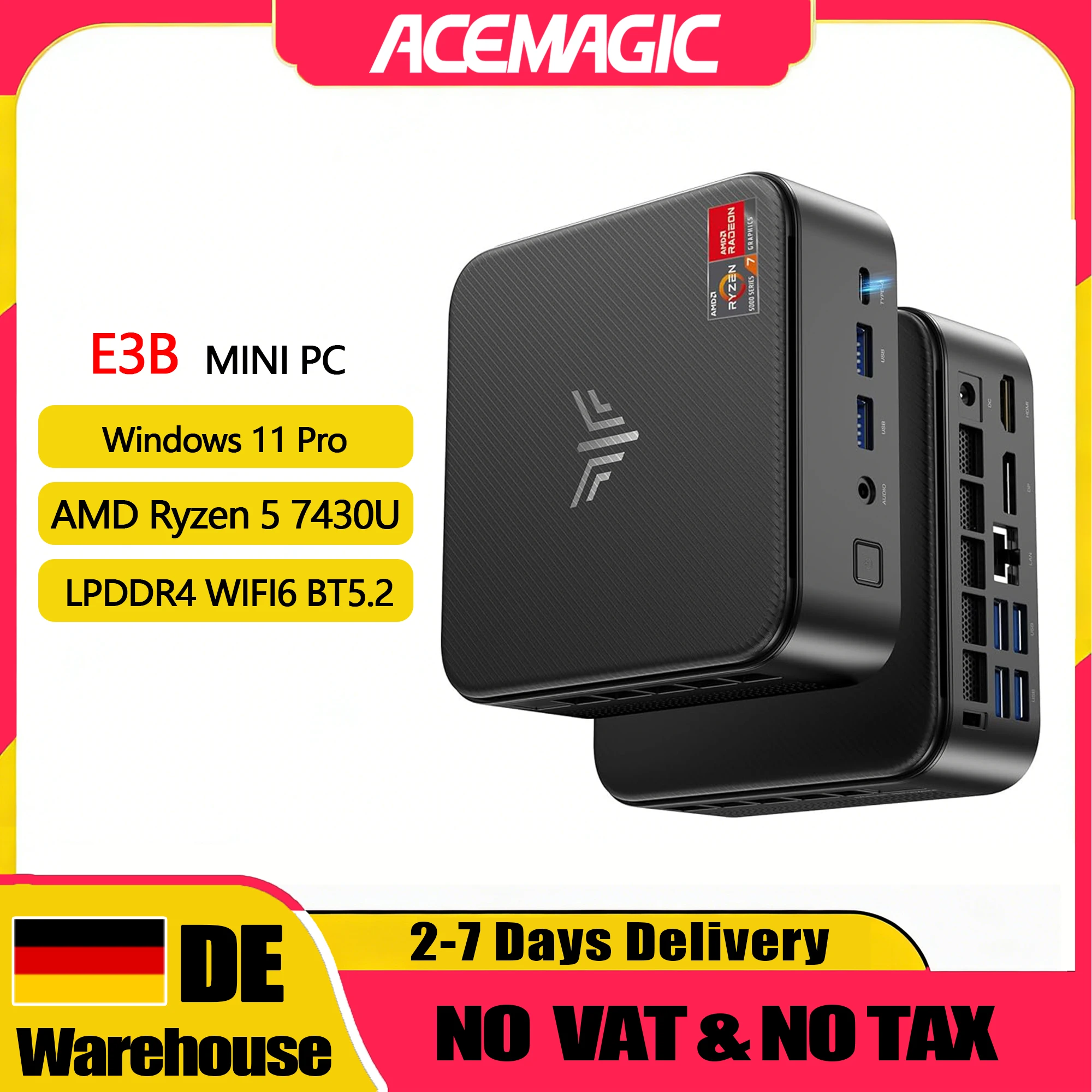NiPoGi E3B Mini-PC, Mini-PCs mit Windows 11 Pro, ΑΜD Ryzen 5 7430U, 16GB LPDDR4 RAM, 512GB SSD, Type-C, WiFi 6, BT 5.2, mit 4K bei 60 Hz Unterstützung