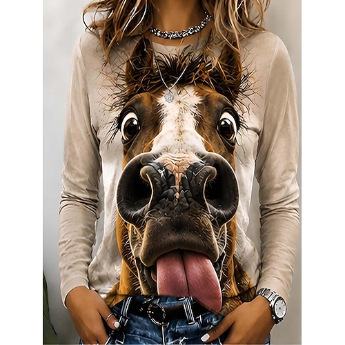 Damen T Shirt Druck Grafik Tiermotiv Katze Vintage Stilvoll Klassisch Langarm Rundhalsausschnitt Rundhals Lange Oberteile Lässig Täglich Wochenende Kastanienbraun Khaki Purpur Kaffee Sommer Frühling
