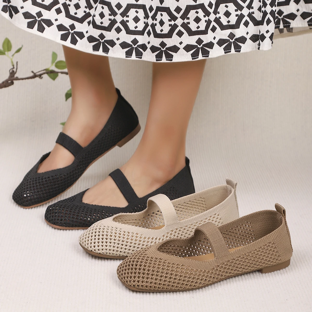 Große Größe 43 Damen Flache Schuhe Gestrickte Atmungsaktive Sneaker Weiche Sohle Ballett-Loafer Lässige Slip-On Bootsschuhe für Frauen