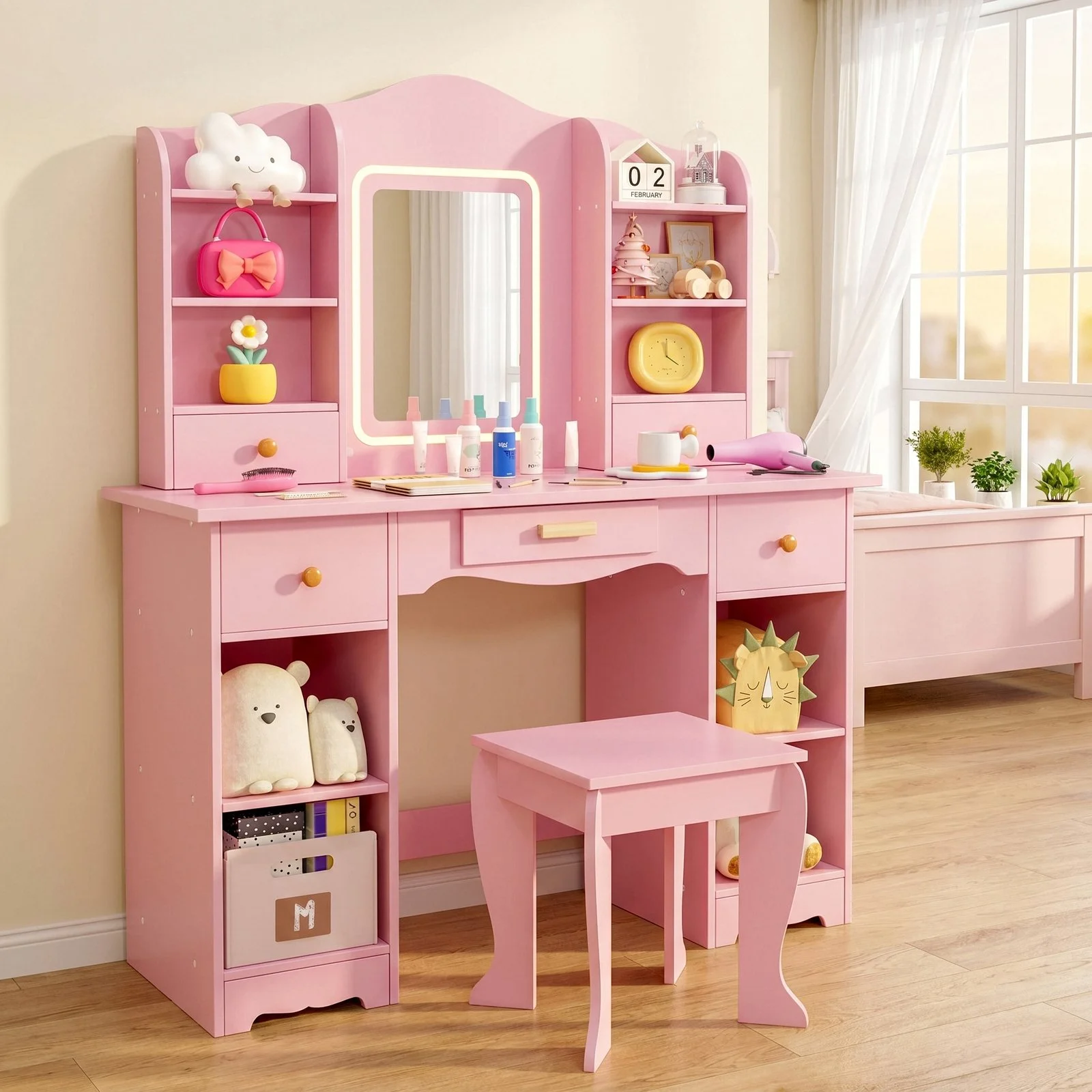 Kinder Schminktisch Set,Prinzessin Frisiertisch aus Holz,95x34x118cm,mit LED Beleuchtung,Kinderschminktisch mit Spiegel,Schreibtisch mit Hocker,5 Schubladen,10 Staufächern