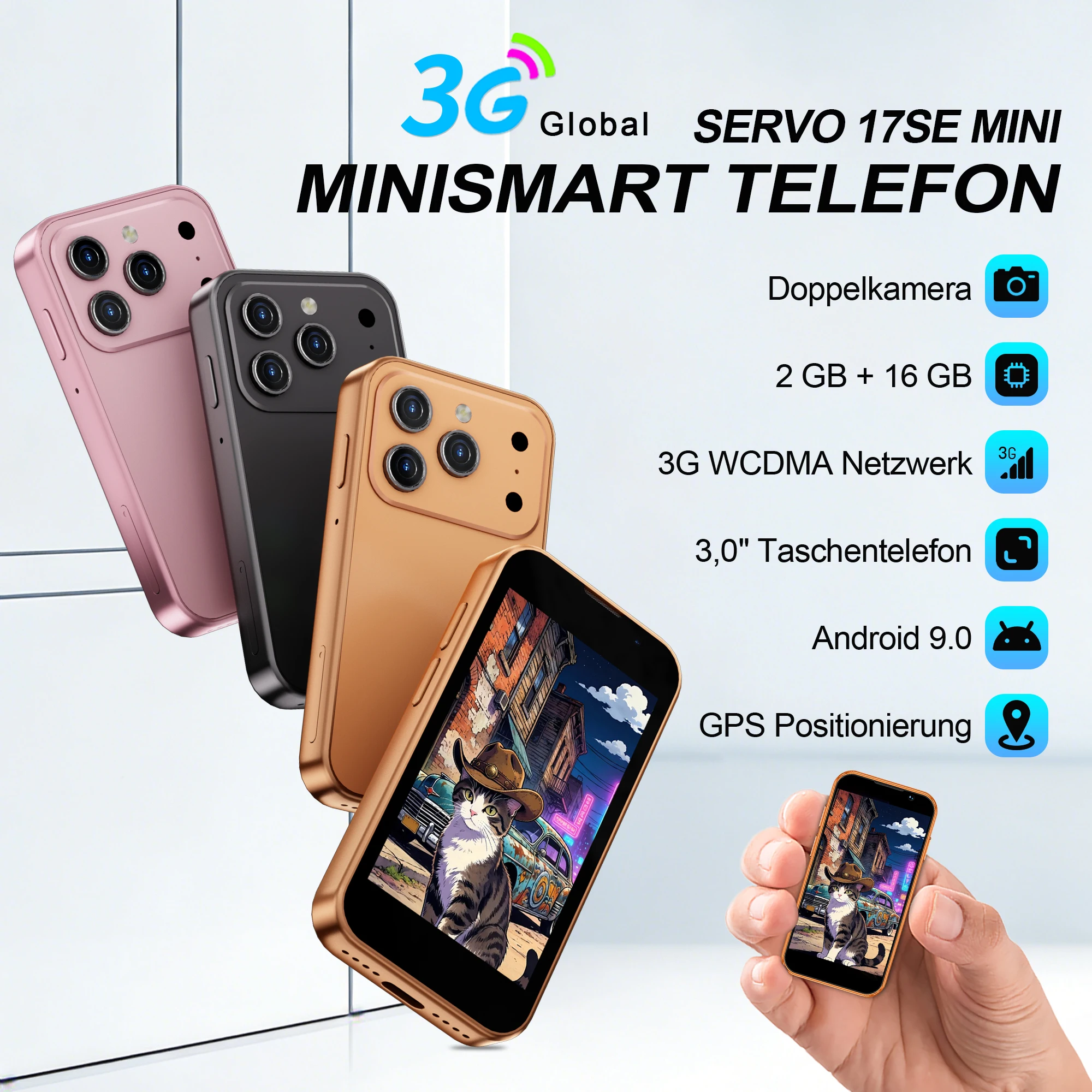 SERVO 17SE Mini-Smartphone Android Dual-SIM 3G-Netzwerk 2GB RAM 16GB ROM 3,0-Zoll-Tiny-Screen ‌ Smartphones mit Gesichtserkennung GPS WLAN Kamera Kleines Taschen-Handy