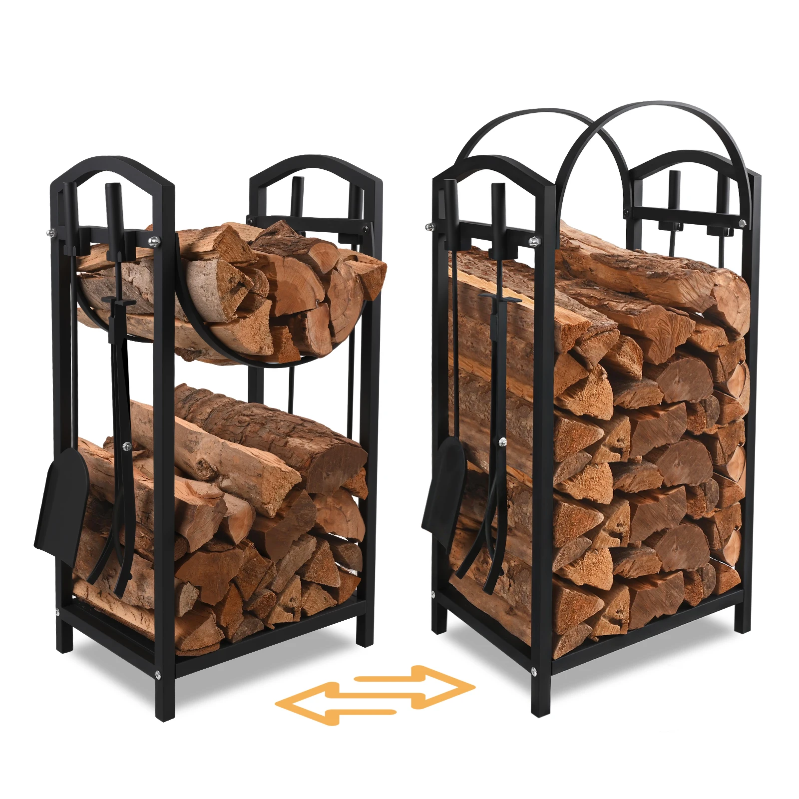 Kaminholzregal aus Metall mit Werkzeugset Brennholzregal für Innen und Außen robuste Holzaufbewahrung Schwarz