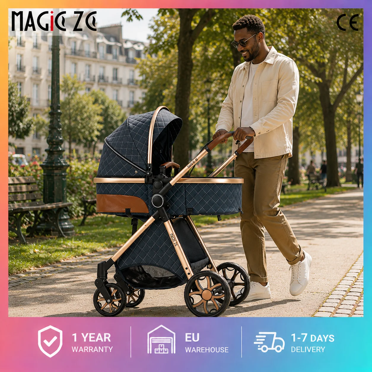 Reisefreundlicher 3-in-1 Baby-Kinderwagen mit tragbarem Tragekorb, Sicherheitsautositz, hoher Liegeposition, stark belastbarer, faltbarer Luxus-Kinderwagen, beidseitig nutzbarer Buggy, bequemes Schlafbett-Set