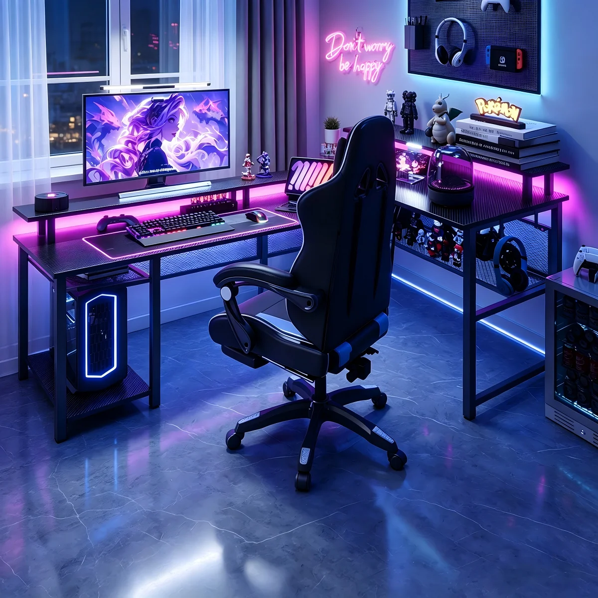 Mihtrov Gaming-Schreibtisch, 136 × cm, USB/elektrisch, LED-Computertisch, Eck-Schreibtisch, verstellbare Ablagen für Arbeit und Studium (schwarz)