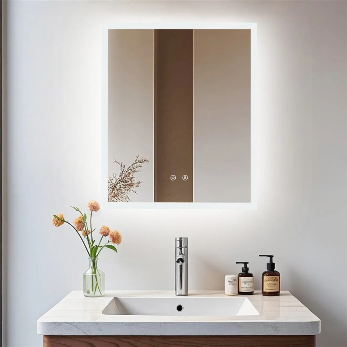 Badezimmerspiegel mit LED-Beleuchtung 50 60 70 80 CM Wandspiegel mit Antibeschlag-Funktion, Doppelknöpfen, Speicherfunktion, Dreifarbigem Licht, Berührungsdimmbar