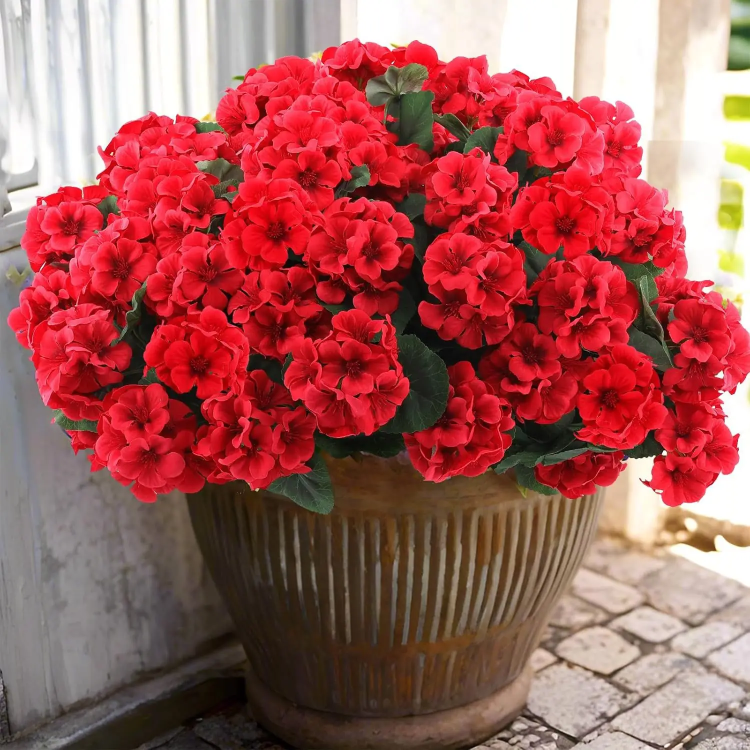 6/12/24 Pcs Artificial Geranium Flowers for Outdoors Geranium Silk Red Flowers Outdoor UV Resistant Garden Plants Faux Flower