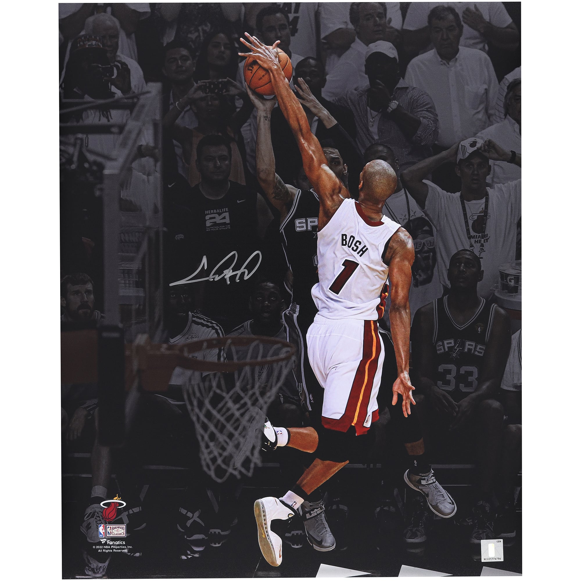 Chris Bosh, Miami Heat, signiertes Foto (40 x 50 cm), NBA-Finale Spiel 6, Spiel 6, Spiel 6, Block gegen die San Antonio Spurs (Foto aus dem Jahr 2013)