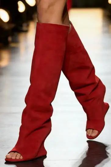 Rot Gelb Grün Wildleder Einfarbige Peeptoe-Stiefel mit Ausgefallenen Absätzen Kniehohe Damenstiefel Keilabsatz Slip-On Laufstegstiefel Lange Stiefel Schuhe Größe 43