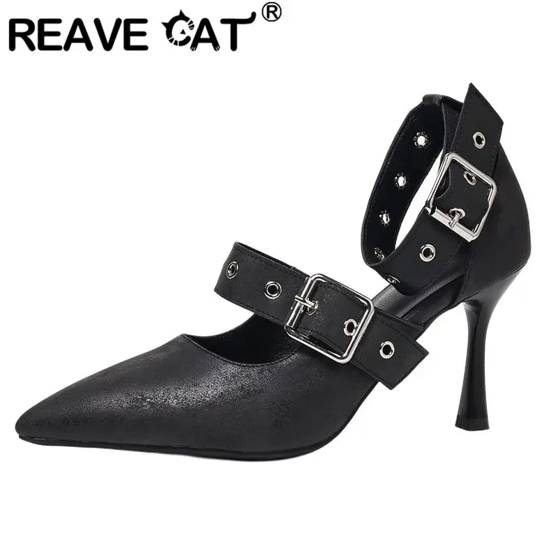 REAVE CAT Aprikosenfarbene Damen-Sandalen Spitze Zehen 8cm Stiletto-Absatz Schnallenverschluss Große Größen 43 44 45 Sexy Dating Damenschuhe