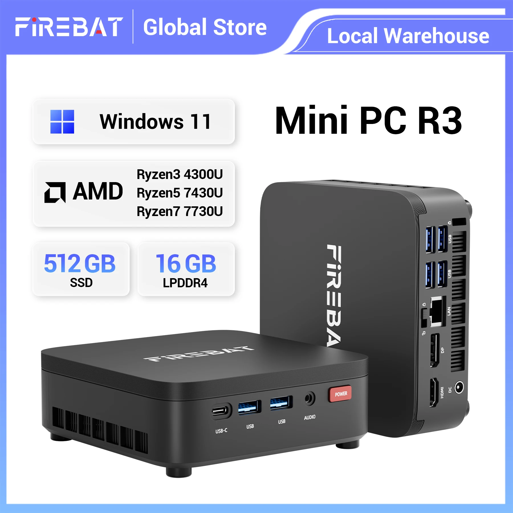 Firebat R3 Mini-PC AMD Ryzen7 7730U Ryzen5 7430U Ryzen3 4300U LPDDR4 16GB RAM M.2 PCIe 512GB SSD WiFi6 BT5.2 Windows11 Desktop-Computer