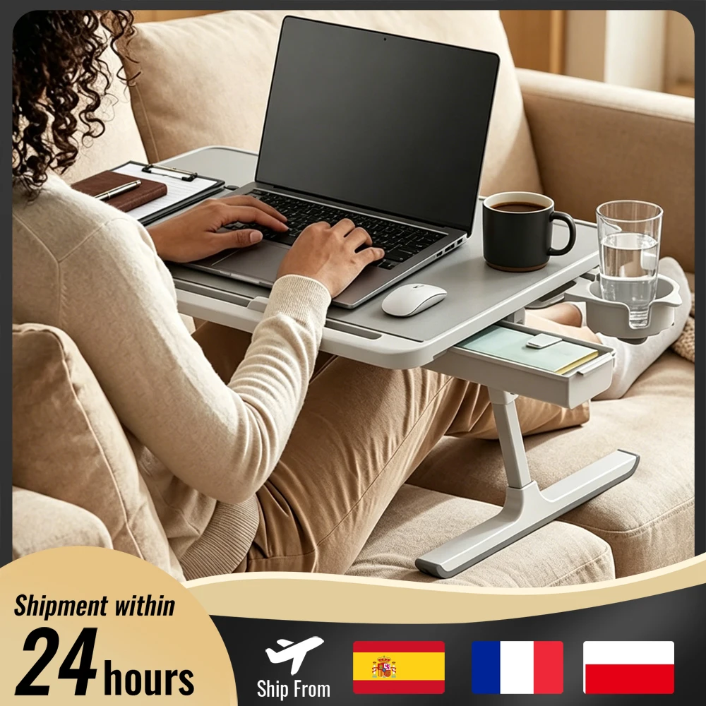 Klappbarer Computertisch Laptoptisch für Bett Büroschreibtische Multifunktionaler Tisch Lapdesk Faltbar 8-stufig Höhenverstellbar & Fast 180° Neigbar ° Winkelverstellbare Halterung, 15kg Tragkraft, Rutschfeste Schublade, Getränkehalter