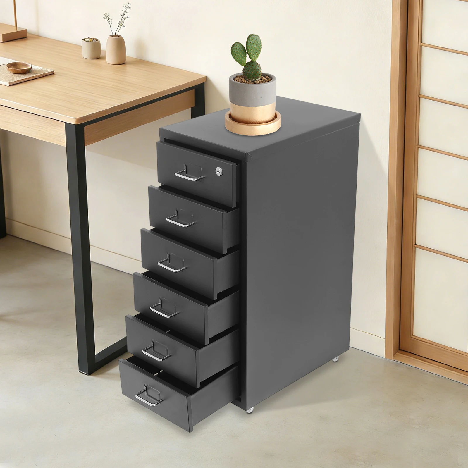 Rollbarer Büro-Aktenschrank mit 6 Schubladen, Vertikaler Aktenschrank mit 4 Rollen, Unterschrank mit Etikettenhaltern, Aktenschrank mit Schloss, Metall-Aktenschrank für Büroorganisation und Aufbewahrung, Schwarz