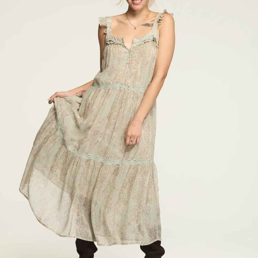 Lucky Brand Tiered Henley Maxi Dress - Women's Clothing Dresses Maxi Dress in Blue Paisley, Size XS