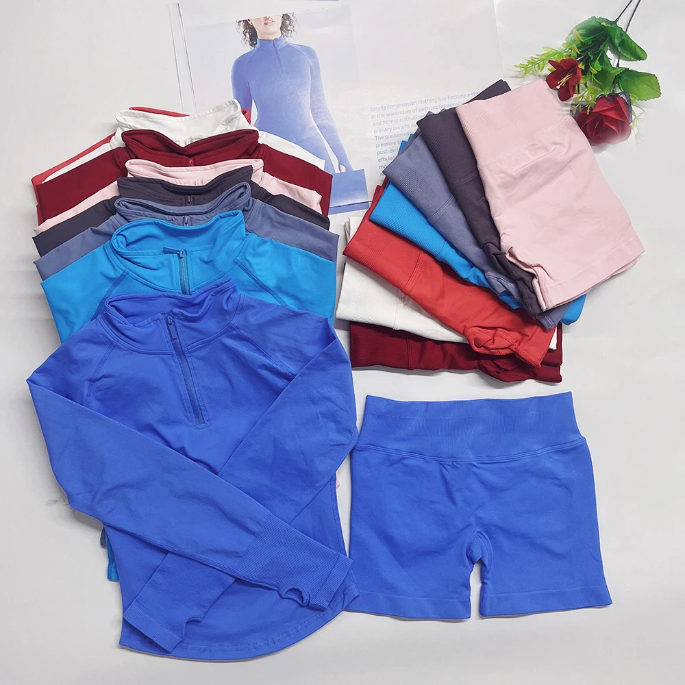 Ensemble de vêtements de sport pour femme Impact DF : haut de sport à demi-zippé, short de course, tenue de yoga, vêtements de sport à manches longues, short de fitness pour la gym et l'entraînement