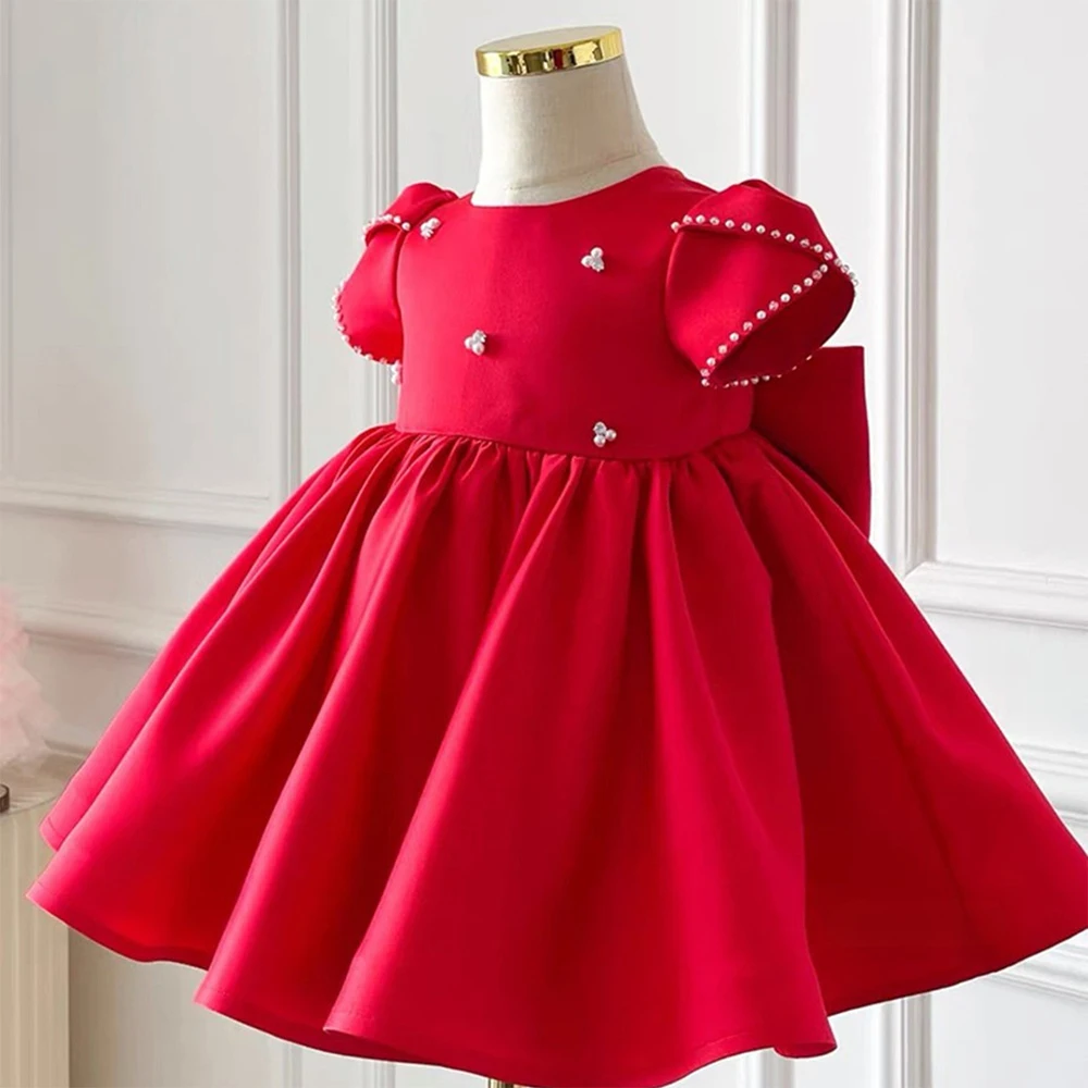 Customized Girl's Party Dress Red Satin O Neck Pearls Short Sleeves Luxury Party Gowns for Girls Bow A Line Children Formal Gown
