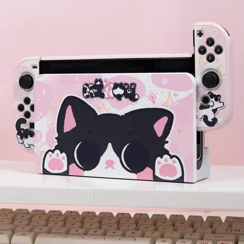 Pink Cat Protective Shell for Nintendo Switch OLED Case Hard PC Cover Dockable Case For Nintendo Switch NS Oled Case Accessories