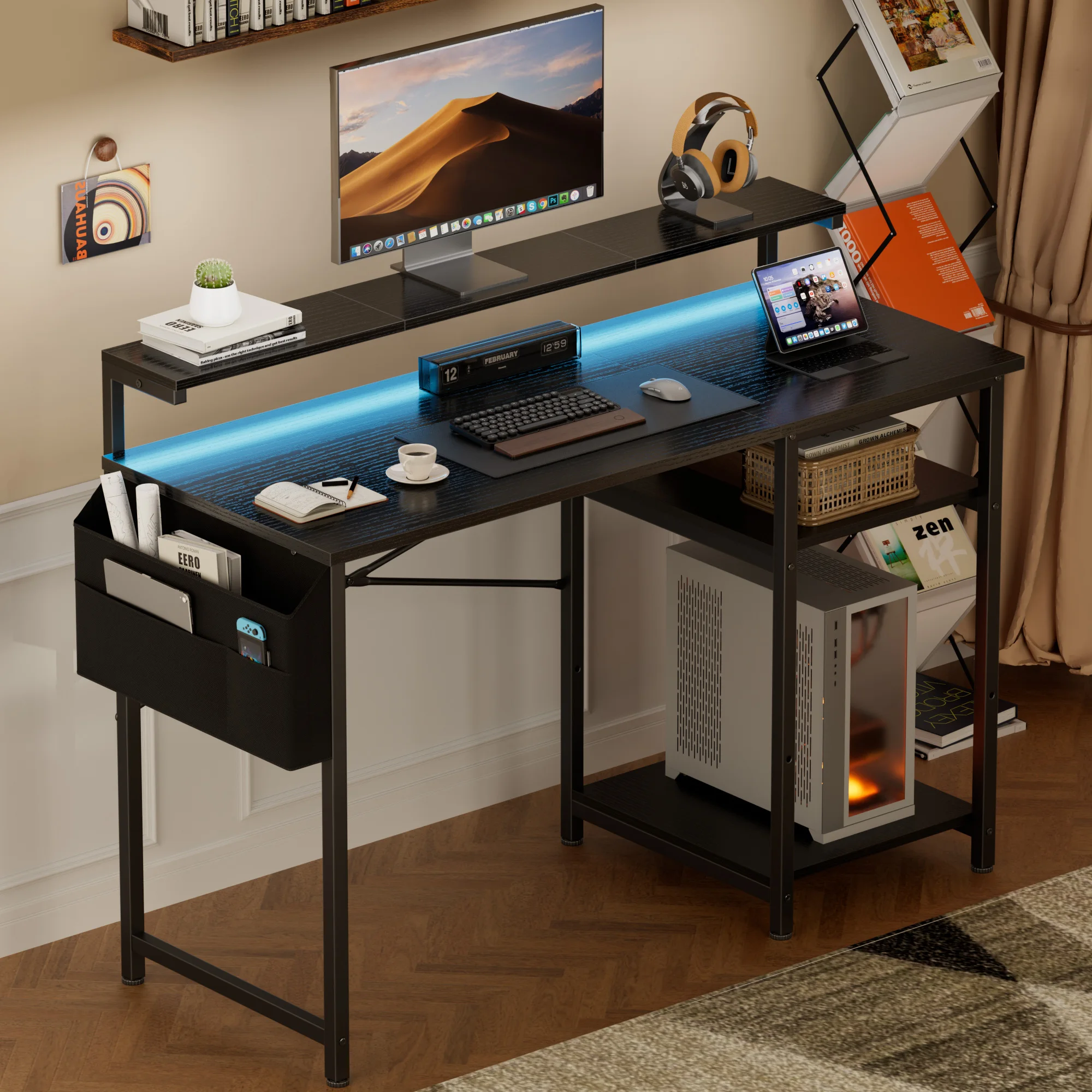 100/120cm Bürotisch, Computertisch mit LED und Monitorständer, 2 Ablagen und Aufbewahrungstasche PC-Tisch für Studium und Schlafzimmer