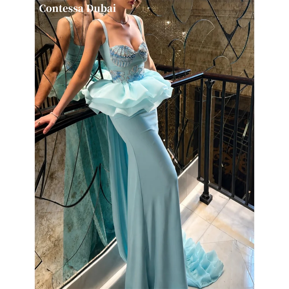 Contessa Custom Blue Spaghetti Strap Evening Dress Ruffle Peplum Prom Dresses Satin Vestidos De Noche Mermaid Formal Evening