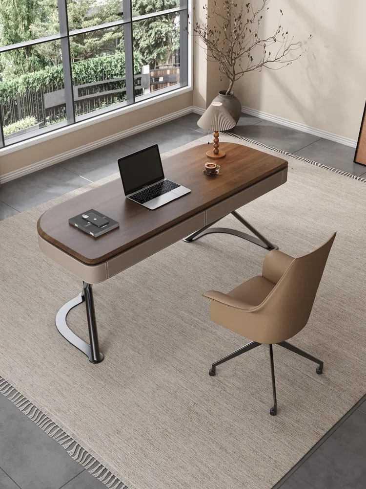 High-End-Schreibtisch aus massivem Holz, leicht, luxuriös, modern, schlicht, aus Sattelleder, für Zuhause, Arbeitszimmer, Schlafzimmer, Büro-Computertisch aus Walnussleder