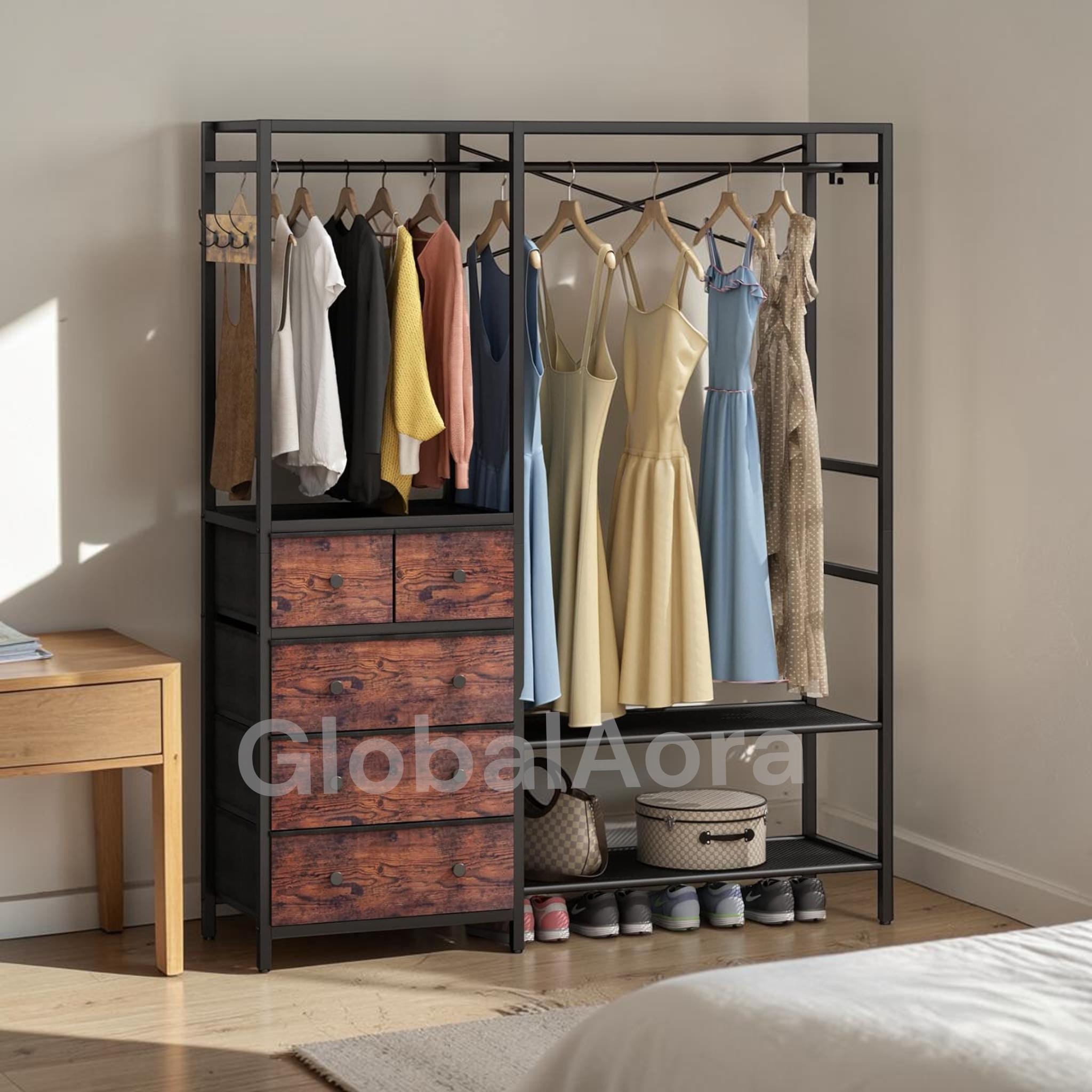 Clothes Rack with Drawers and Shelves, Heavy Duty Wardrobe Closet Organizer Freestanding Garment Rack with Hanging Rods and Hooks