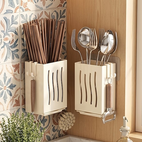 2-teiliges Küchenutensilien-Aufbewahrungsset, Abtropfgestell für Löffel und Essstäbchen, multifunktionale Aufbewahrungsboxen mit integriertem Abtropfgitter, Essstäbchenhalter für den Haushalt,