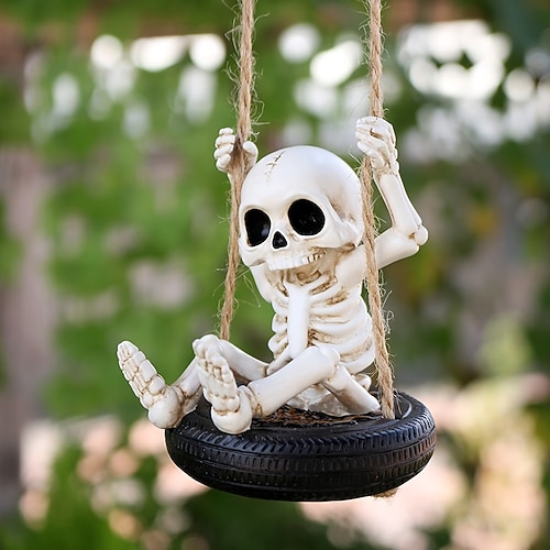 Halloween-Hängedekoration: Totenkopf-Reifenschaukel, gruselige Geister-Skelett-Statue für Bäume, Veranda, Garten, Rasen und Terrasse, schaurig-schöne Herbstdekoration für den Garten