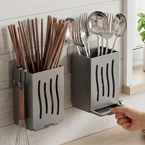 2-teiliges Küchenutensilien-Aufbewahrungsset, Abtropfgestell für Löffel und Essstäbchen, multifunktionale Aufbewahrungsboxen mit integriertem Abtropfgitter, Essstäbchenhalter für den Haushalt,