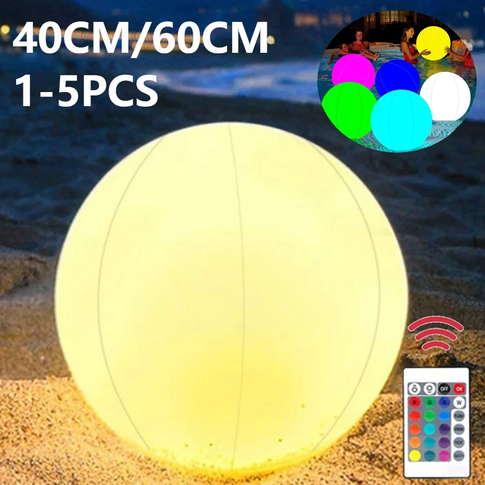 1-5 Stück LED-Leuchtkugel mit Fernbedienung, IP68 wasserdicht, schwimmende Poollampe, 16 Farben, aufblasbarer Strandball, Durchmesser 60 cm/40 cm
