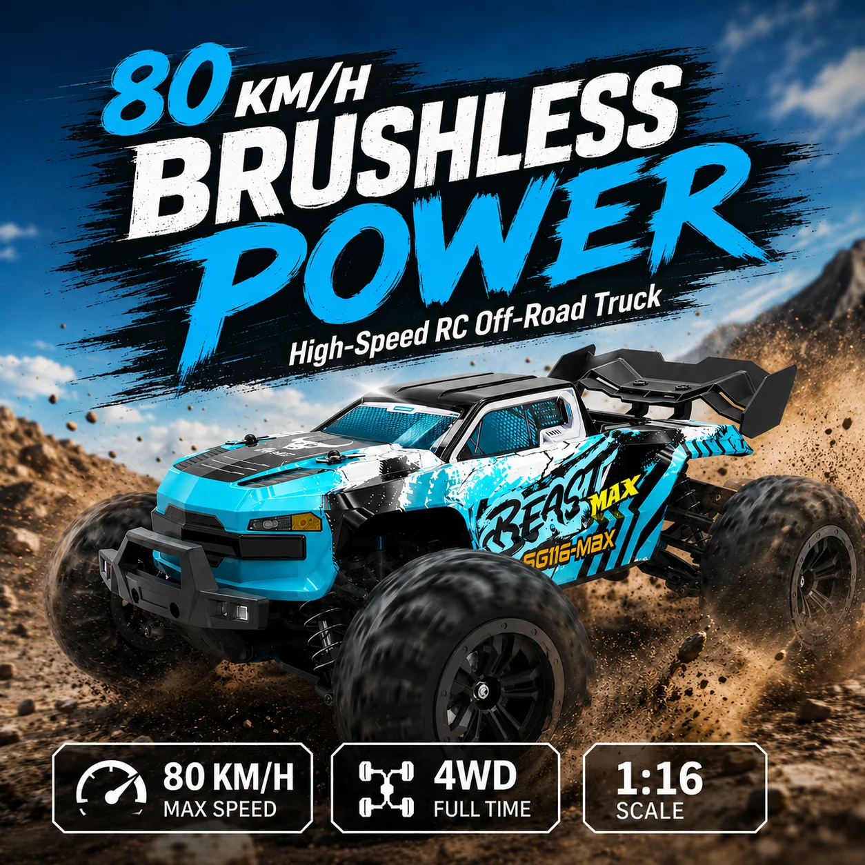 Sg116-Max Bürstenloser RC-Wagen 75Km/h 4WD Offroad 1:16 Maßstab 2,4G 300m Reichweite IPX4 Wasserdicht Metallchassis LED-Licht RC-Spielzeugauto