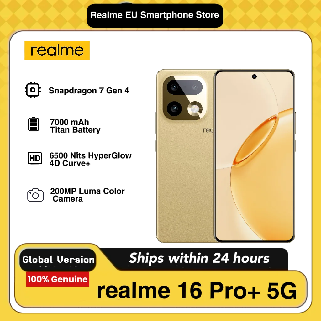 Smartphone realme 16 Pro+ 5G 8 Go + 256 Go, appareil photo LumaColor 200 MP + 50 MP, téléphone portable avec processeur Snapdragon ® Téléphones mobiles 7 Gen 4, batterie 7000 mAh et charge 45 W, écran AMOLED 6,8 pouces 144 Hz (sans adaptateur)