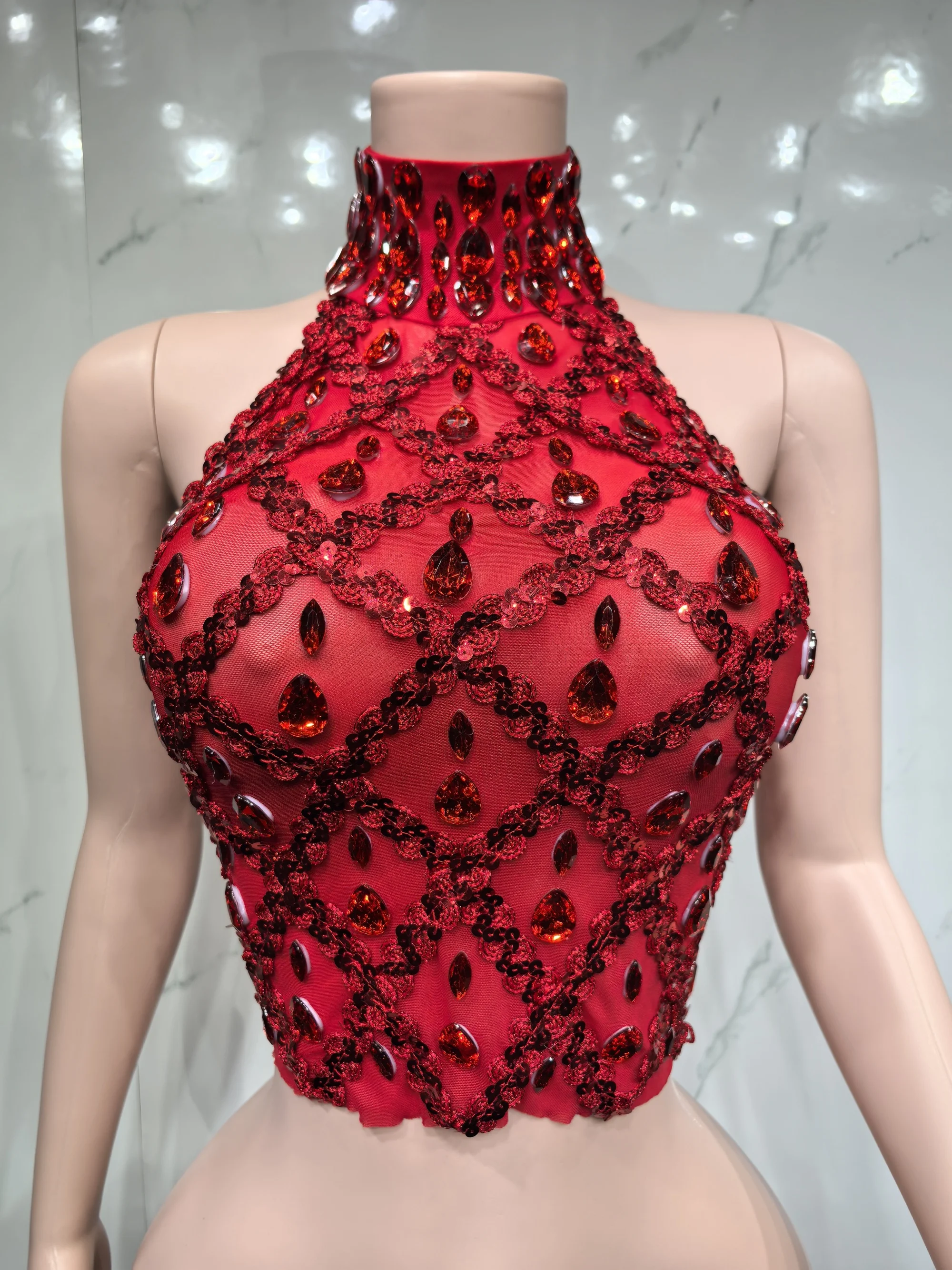 Shiny Diamond High Collar Sleeveless Tube Top Sexy Lace See-through Plaid Evening Party Wine Nightclub Gown Hollow out Design