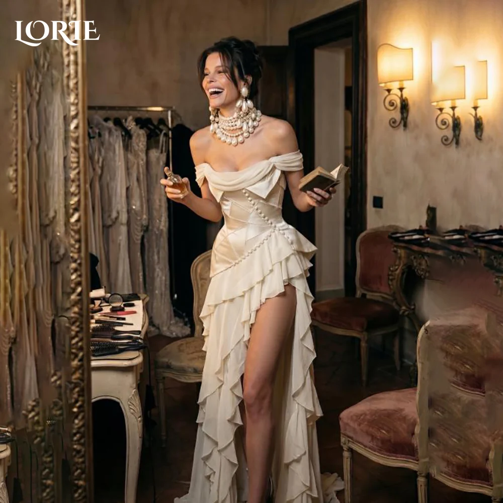 LORIE High Slit Wedding Dress Elegant Shiny Satin Ruffle Sweetheart Off Shoulder Princess Bridal Dress Customized SexyParty Gown