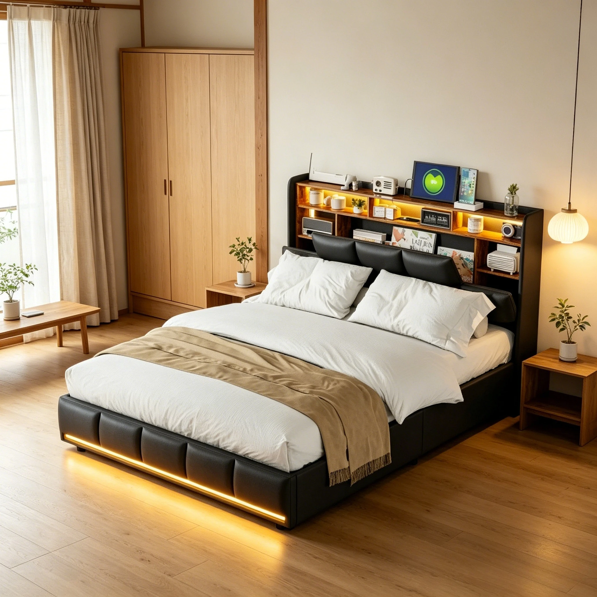 Rosahqnda Doppelbett für Erwachsene mit LED-Beleuchtung 160x200/140x200 cm, Kopfteil mit offenen Ablagefächern, Lattenrost, PU, schwarz, ohne Matratze